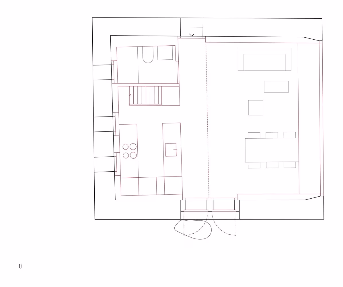 Plano de la planta baja de la Casa Gaudin con cocina, comedor y escalera