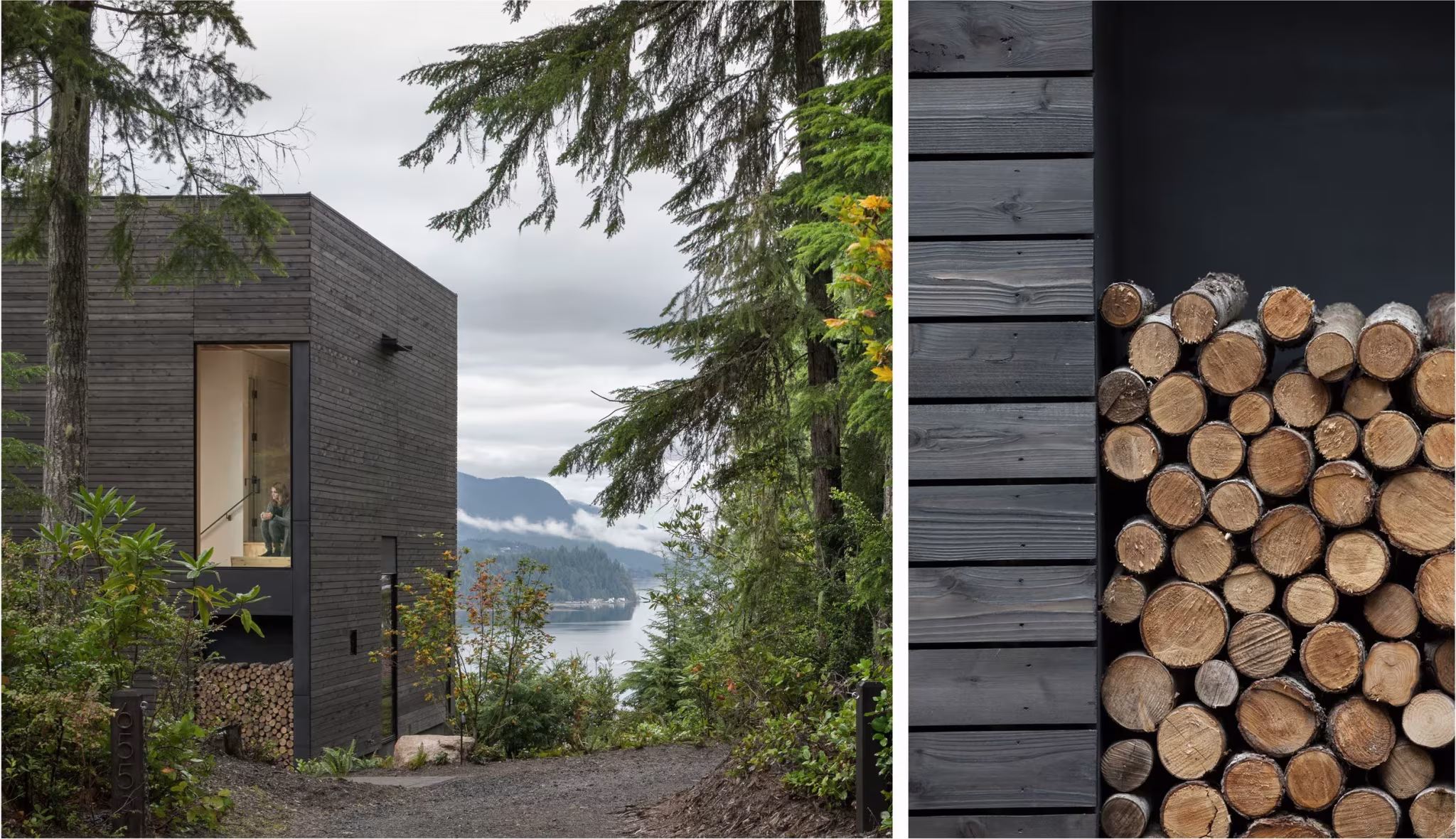 Cabaña de madera oscura sobre el fiordo y detalle de leña apilada en el muro de Little House