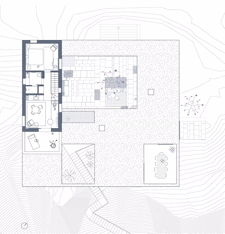 Planta superior de la Casa Patio con dormitorios y terrazas sobre la roca de Kárpatos