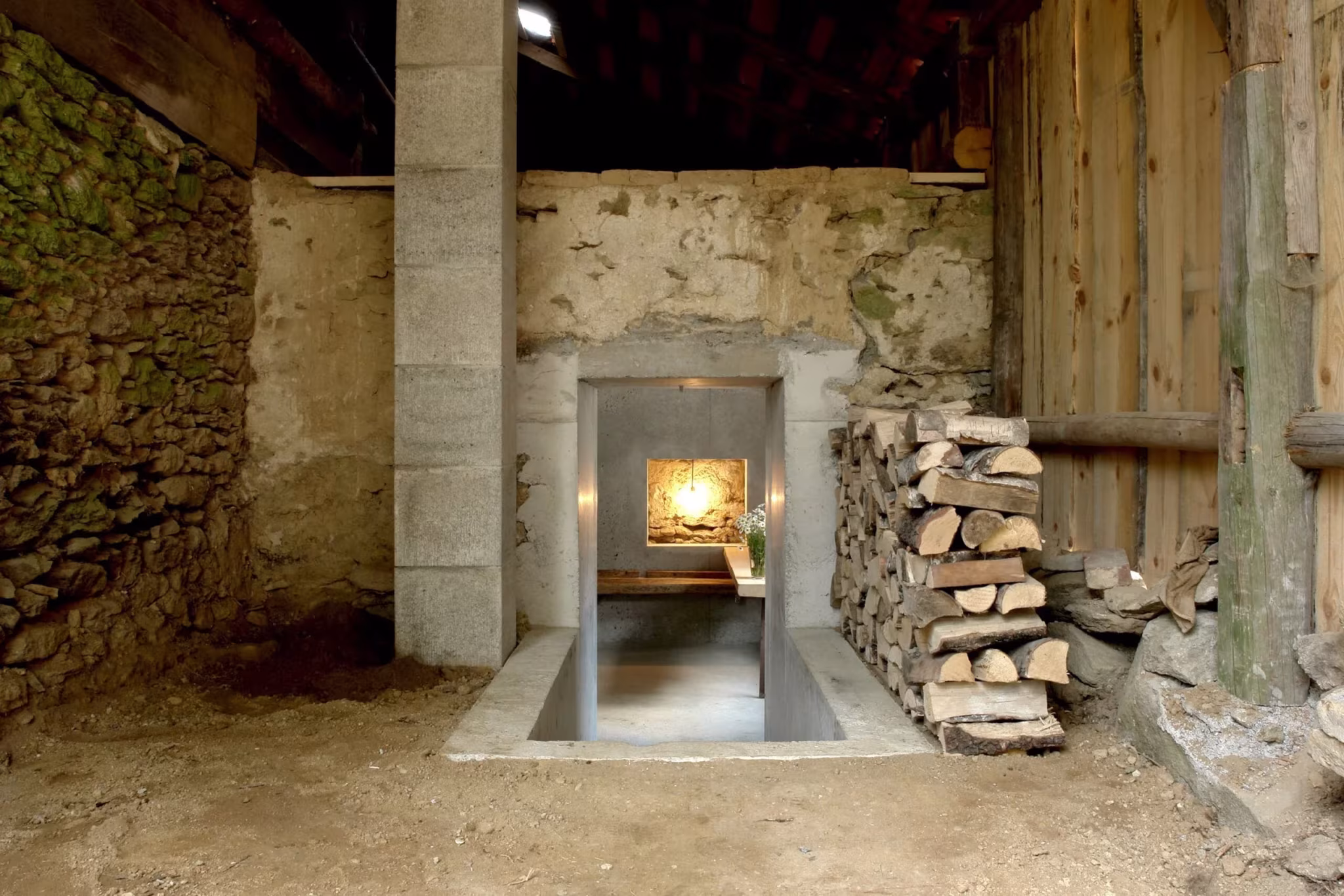Chimenea de hormigón con estanque estrecho y leña apilada en el interior de Birg mich, Cilli!