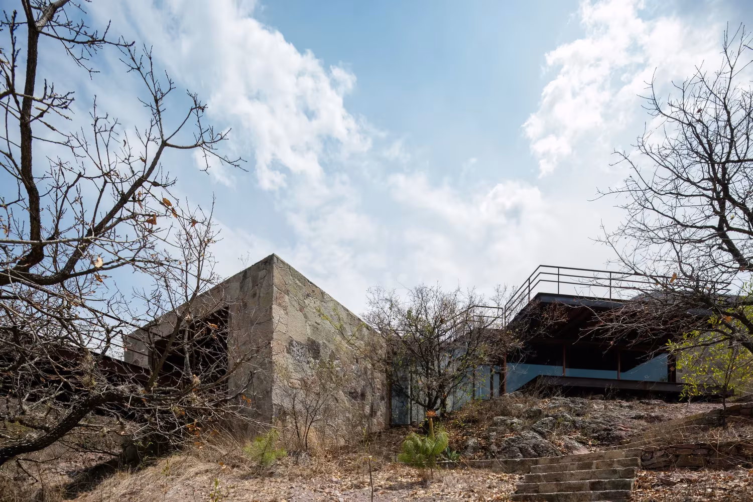 Muro de piedra de la Cabaña Teitipac entre encinas secas y terraza metálica al fondo