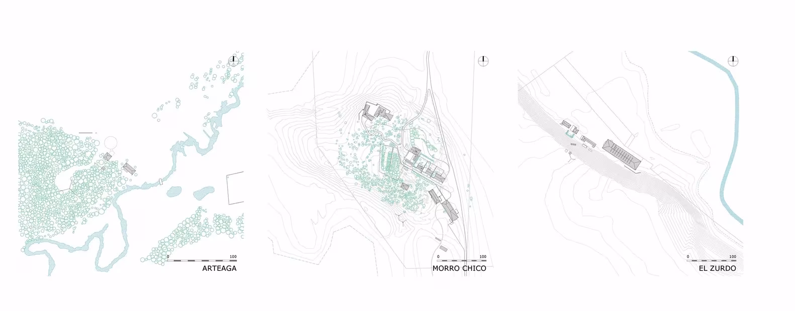 Planos de situación de Estancia Morro Chico en tres escalas, desde el territorio hasta el conjunto edificado