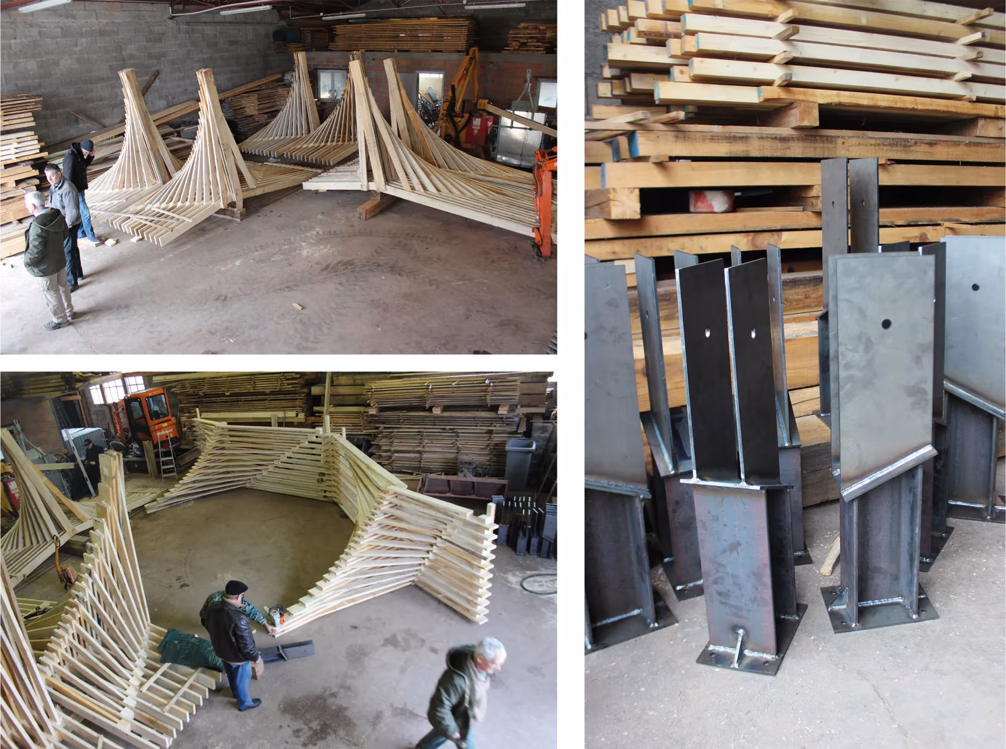 Prefabricación en taller de las piezas curvas de pino y de los herrajes metálicos del pabellón de Bertrichamps