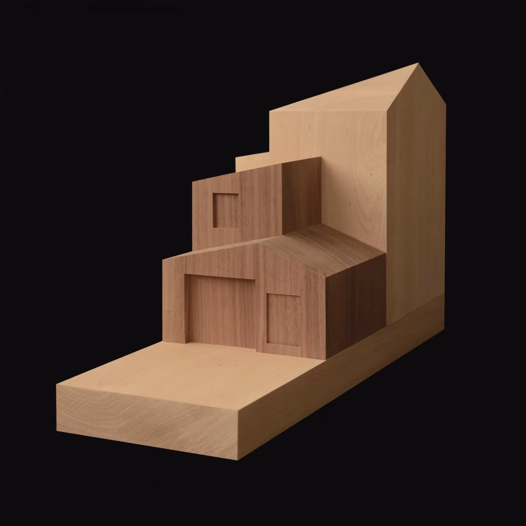 Maqueta de madera de la casa Kings Grove y su ampliación escalonada sobre fondo negro