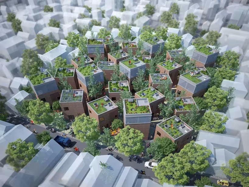 Representación aérea de una aldea de casas AgriNesture con cubiertas cultivables entre árboles