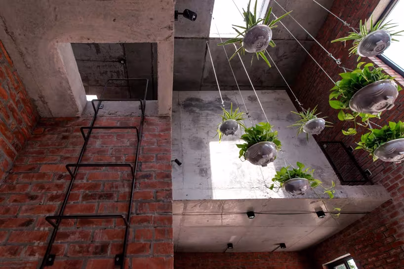 Plantas colgadas sobre la losa de hormigón y escalera de peldaños metálicos en AgriNesture