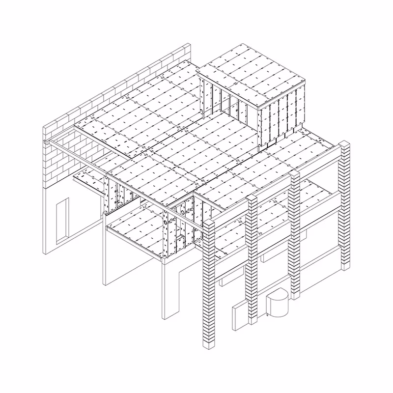 Axonometría estructural de la Plywood House de Feina con forjados de madera y muros existentes
