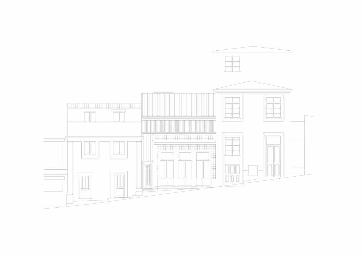 Alzado de la fachada de la Casa de João entre edificios vecinos, dibujo lineal del proyecto en Oporto