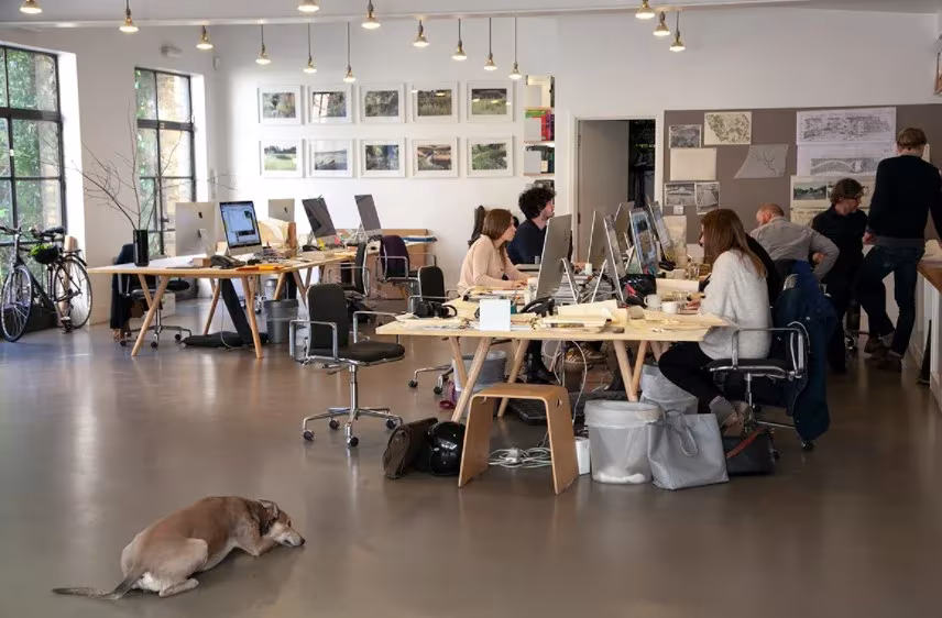 Estudio de Dan Pearson en Londres con mesas de trabajo, ordenadores y un perro tumbado en el suelo