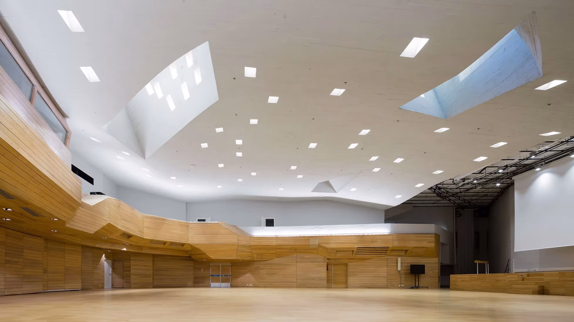 Sala con techo blanco, claraboyas y revestimiento de madera curvo en Dipoli, Universidad Aalto