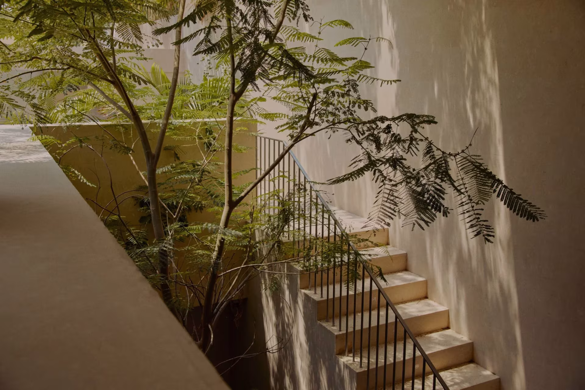 Escalera con barandilla metálica bajo un árbol en un patio de Villa AM, la casa de MESURA en el desierto de Jeddah