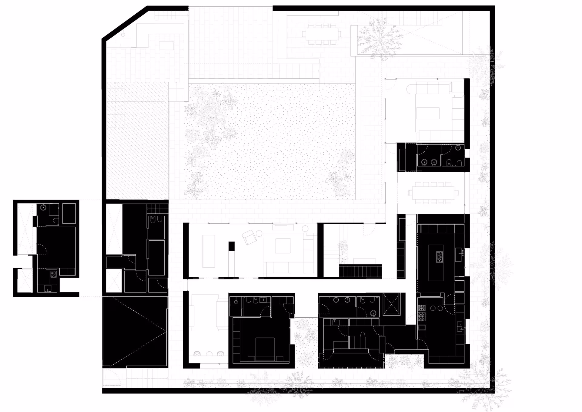 Planta de Villa AM de Mesura en Jeddah con patio central y estancias en negro