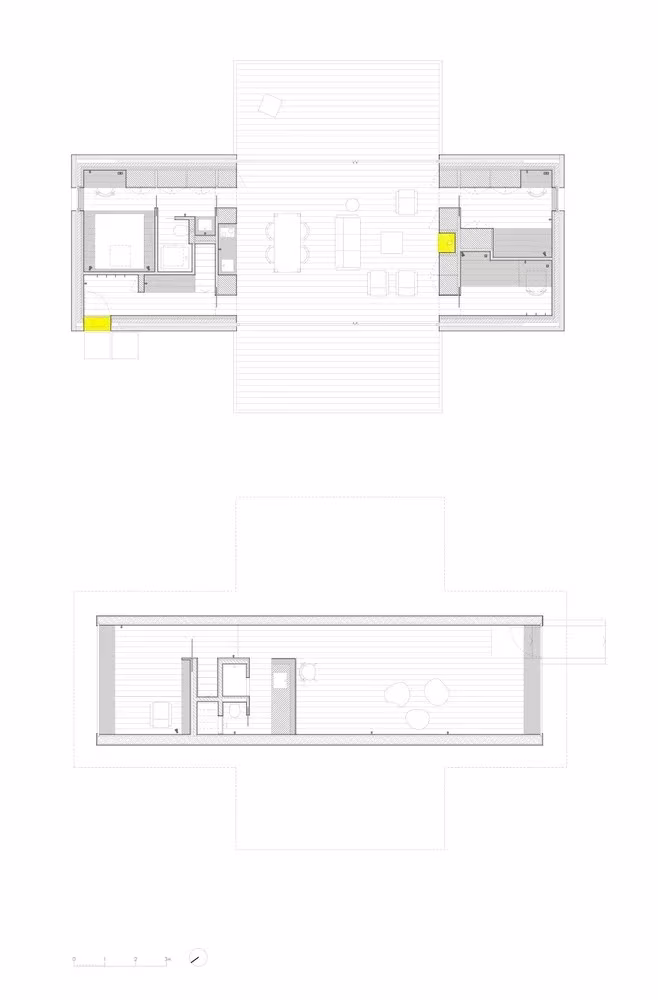 Plantas y sección de la Casa B de CH + QS arquitectos, un volumen alargado en Berrocal, Segovia