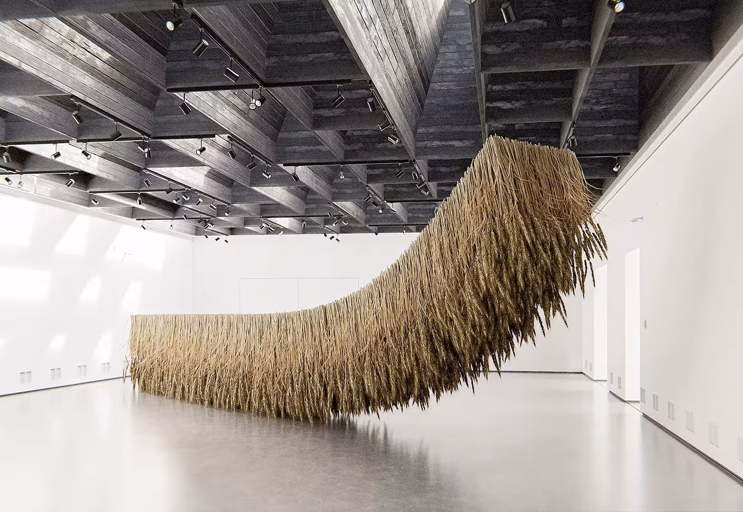 Masa curva de hierba seca suspendida bajo un techo de vigas oscuras en una sala blanca, obra de Tadao Cern