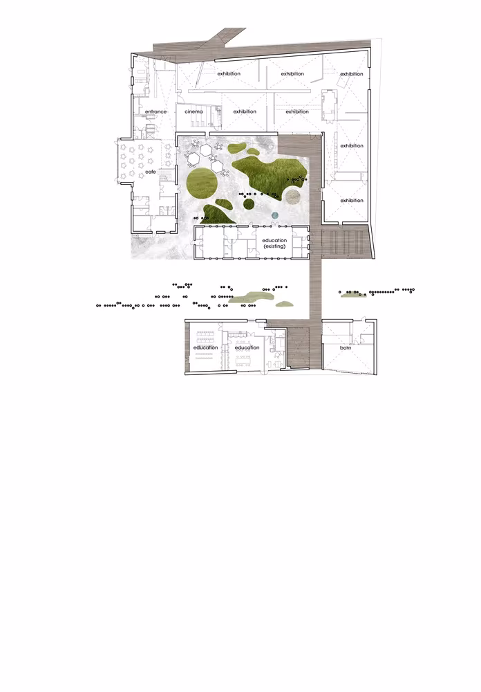 Plano de situación del Centro de Interpretación del Mar de Wadden de Dorte Mandrup, con patio central ajardinado