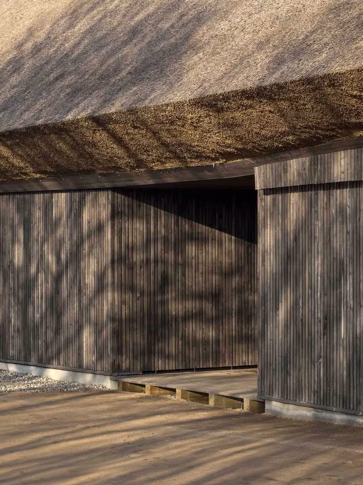 Cubierta de paja que vuela sobre una fachada de listones de madera ennegrecida en el Centro del Mar de Wadden