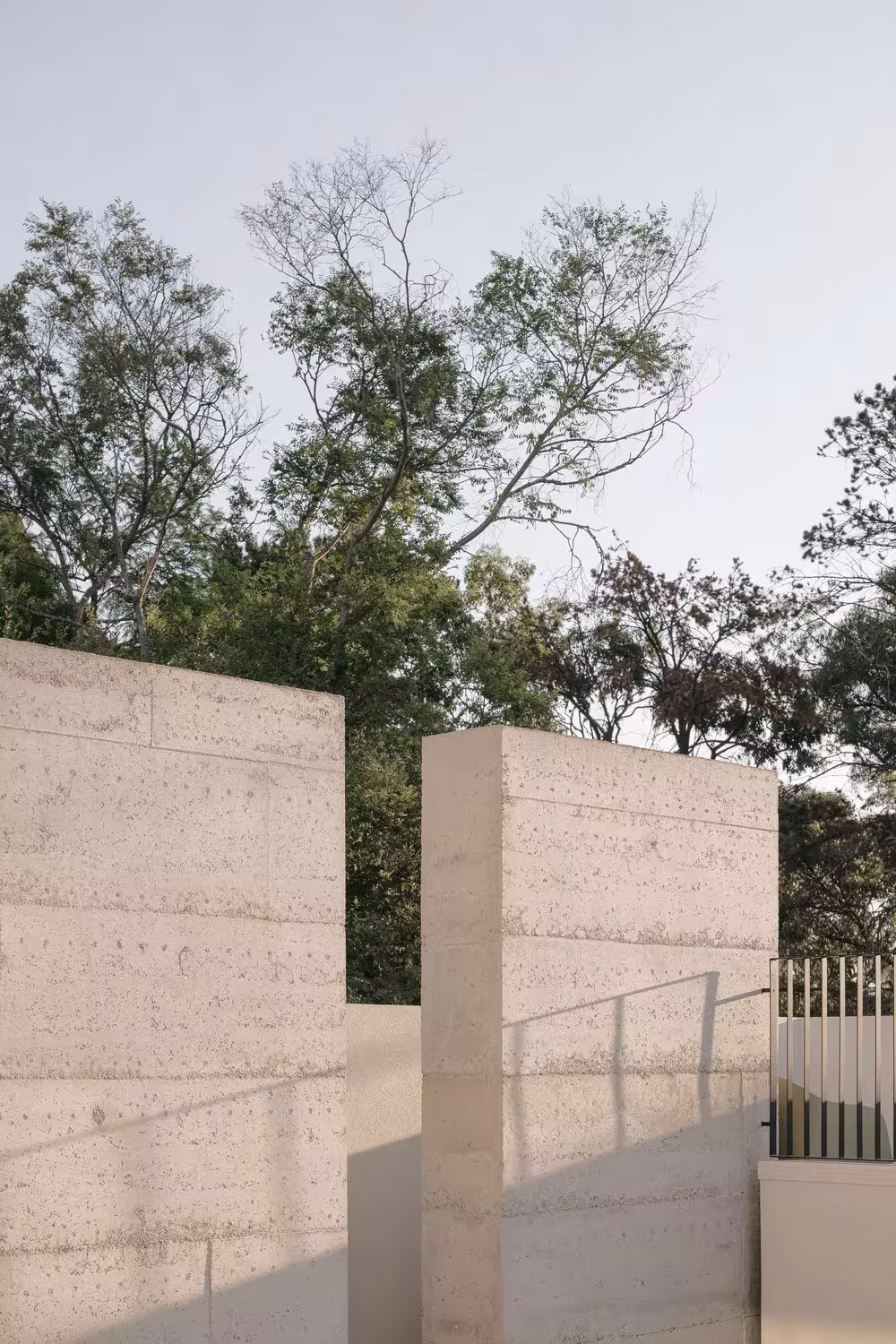 Muros de hormigón encofrado en tapial entre eucaliptos junto al acceso de la casa de Whispering Smith