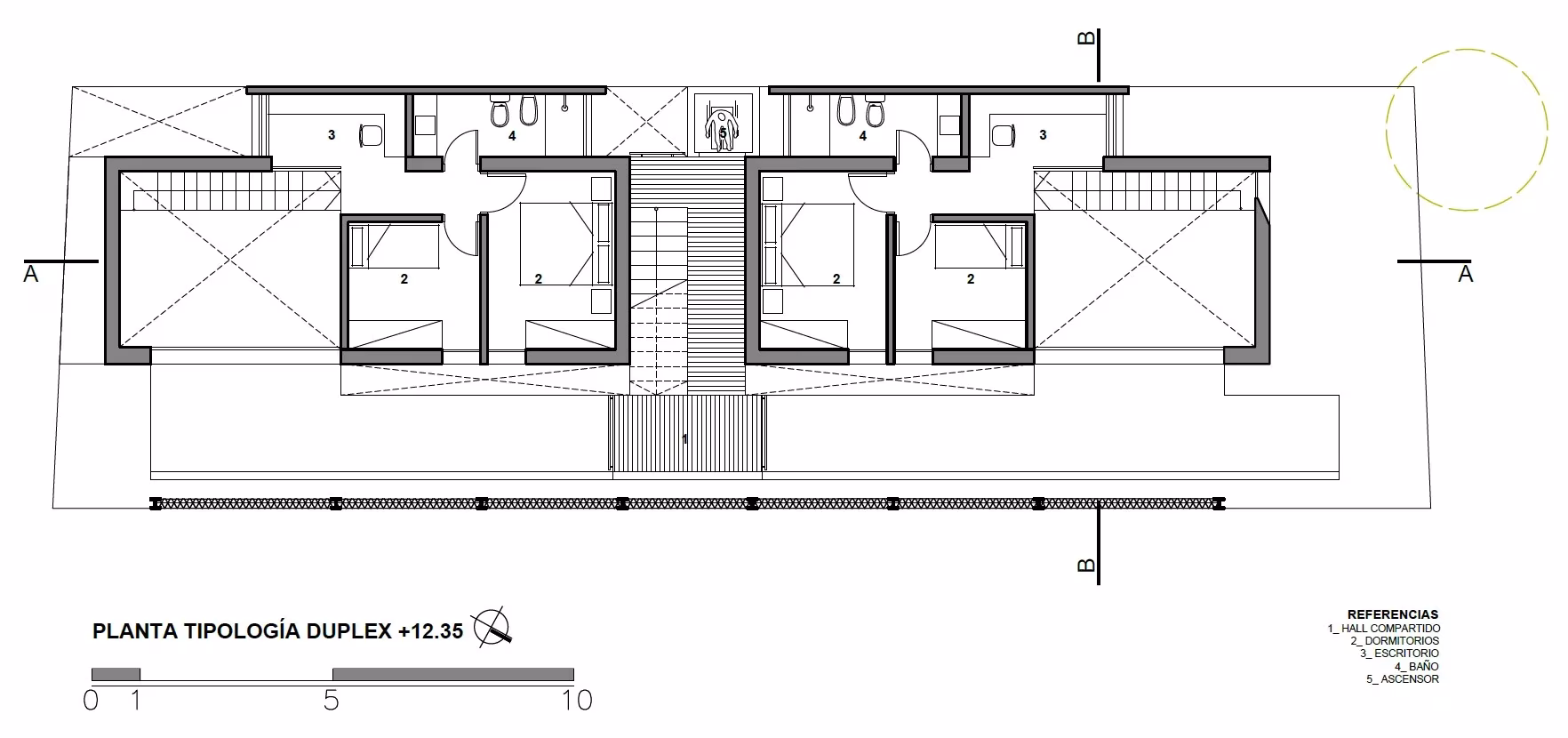 Planta del nivel superior de los dúplex del Edificio Valois con dormitorios y baños