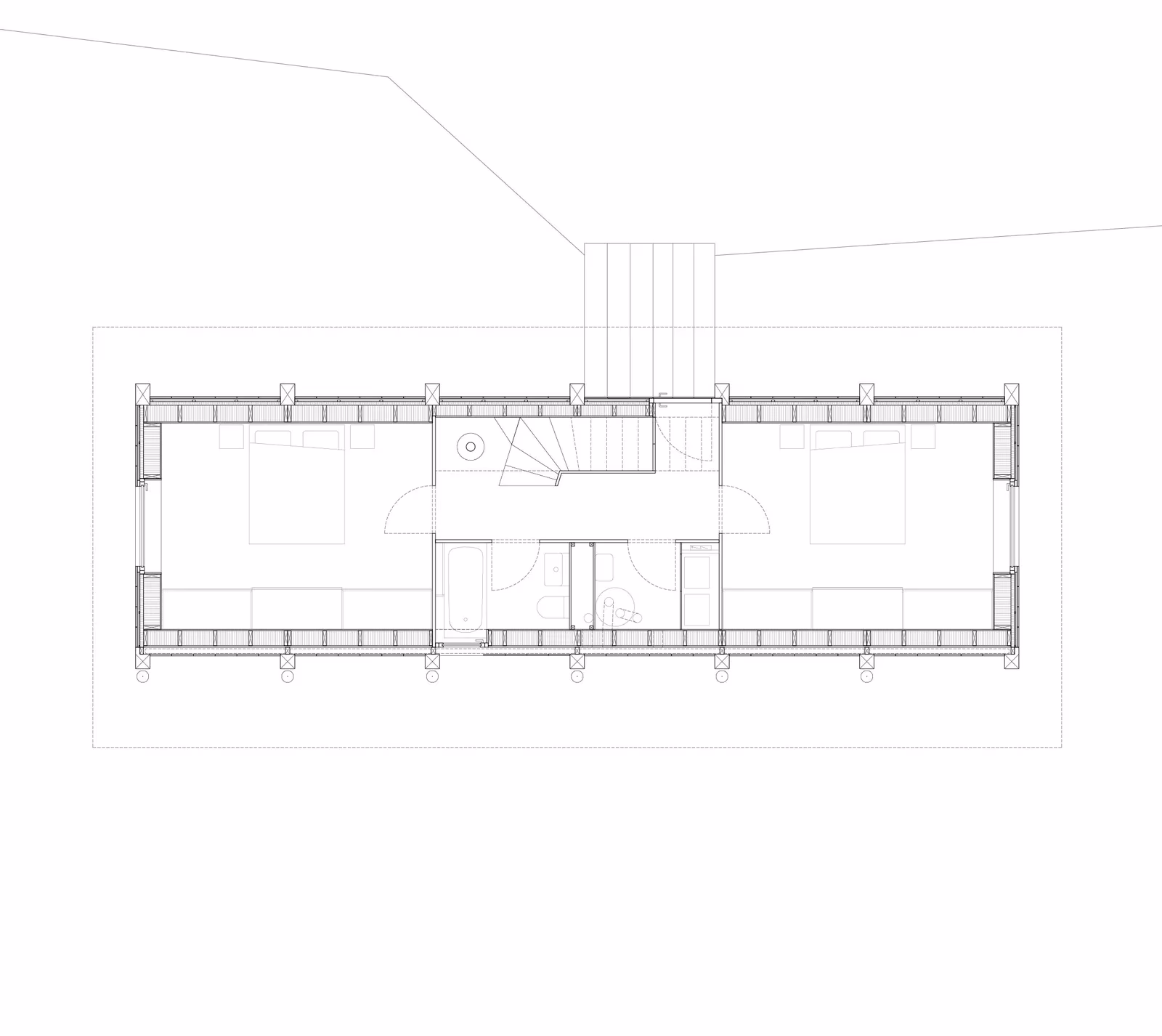 Planta de la casa de Treyvaux de LVPH con la estructura perimetral de pilares y la escalera central