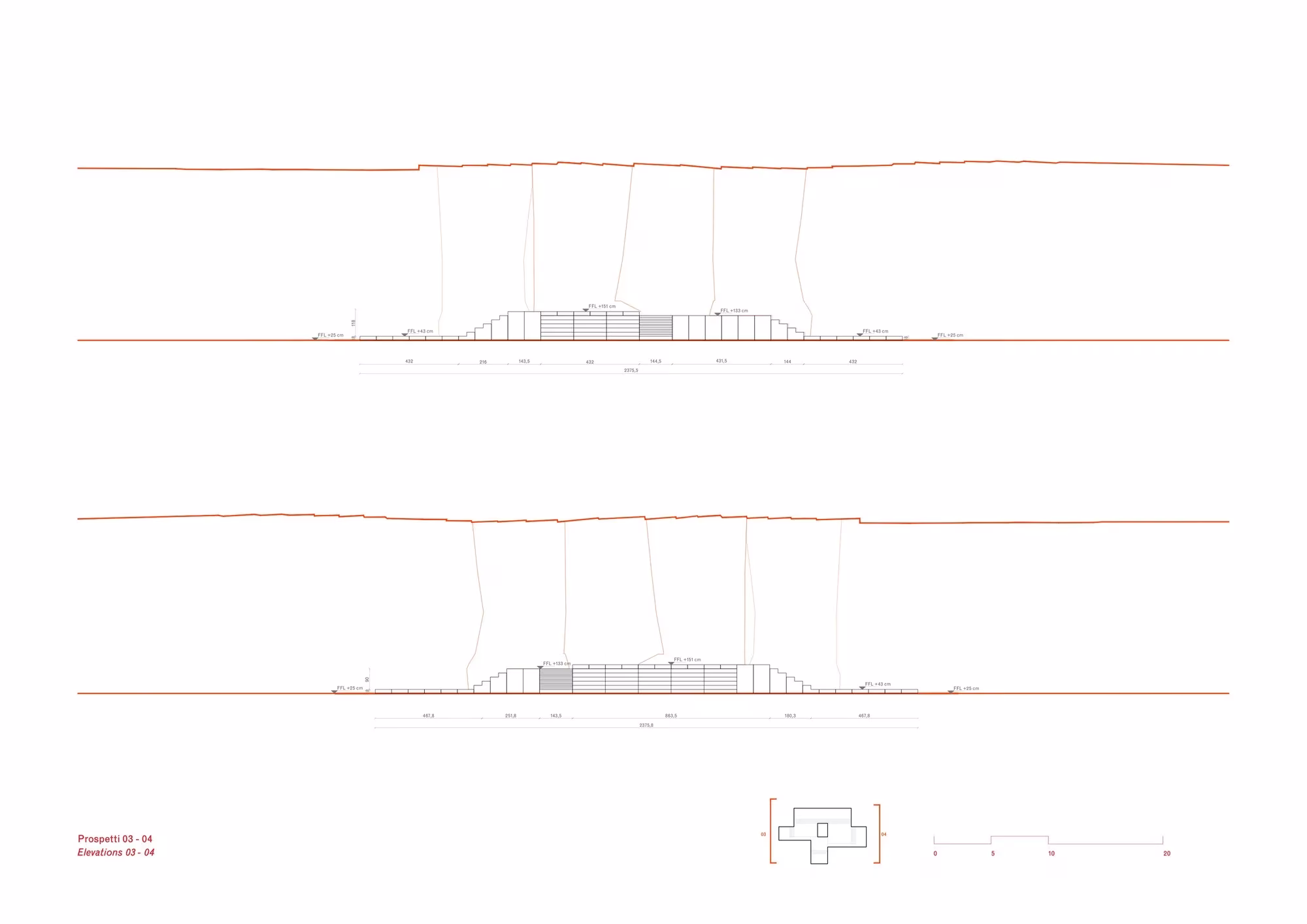 Secciones de Cavea Arcari de David Chipperfield, con la cantera bajo el perfil de la colina