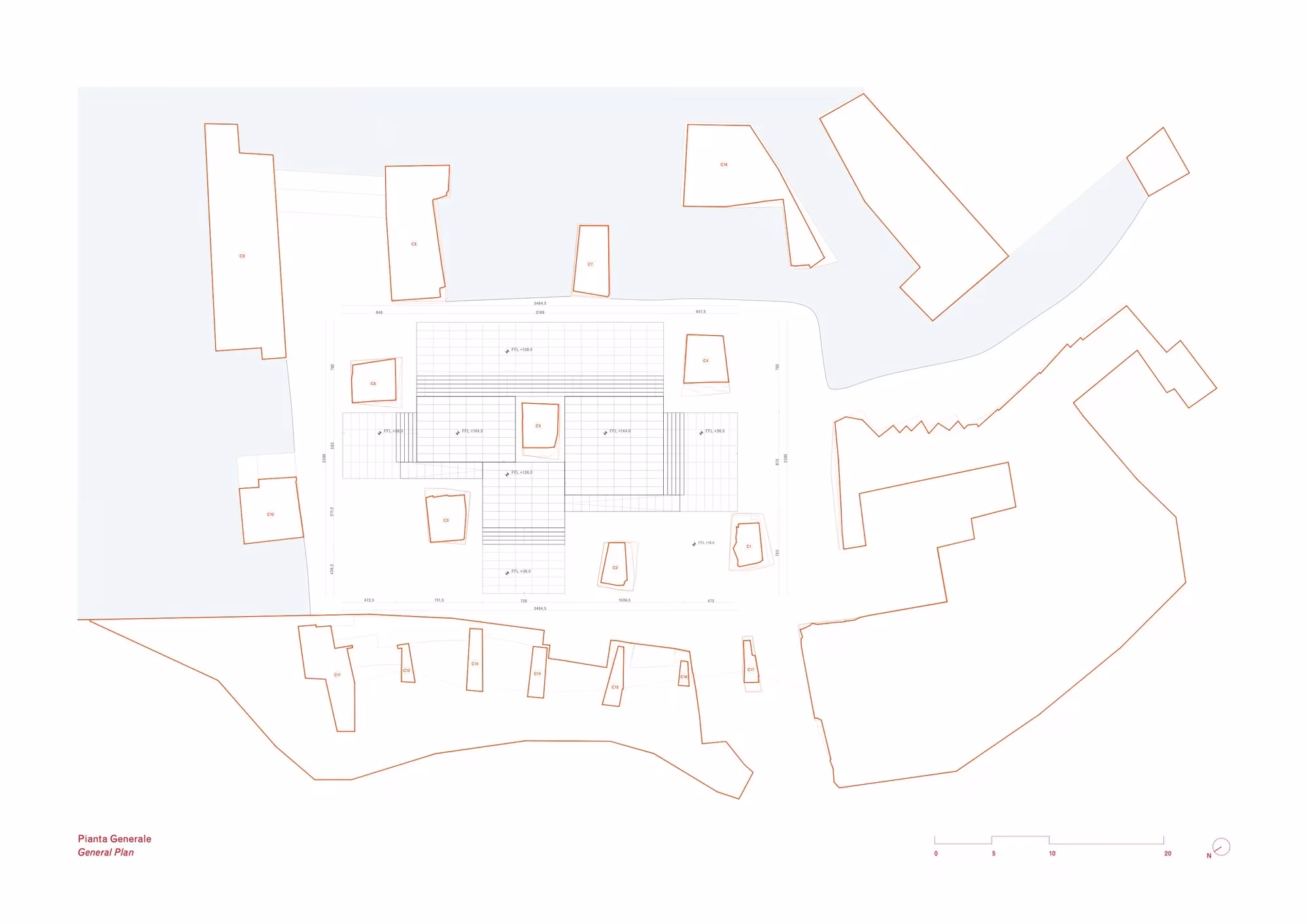 Plano de emplazamiento de Cavea Arcari entre las construcciones existentes de Zovencedo