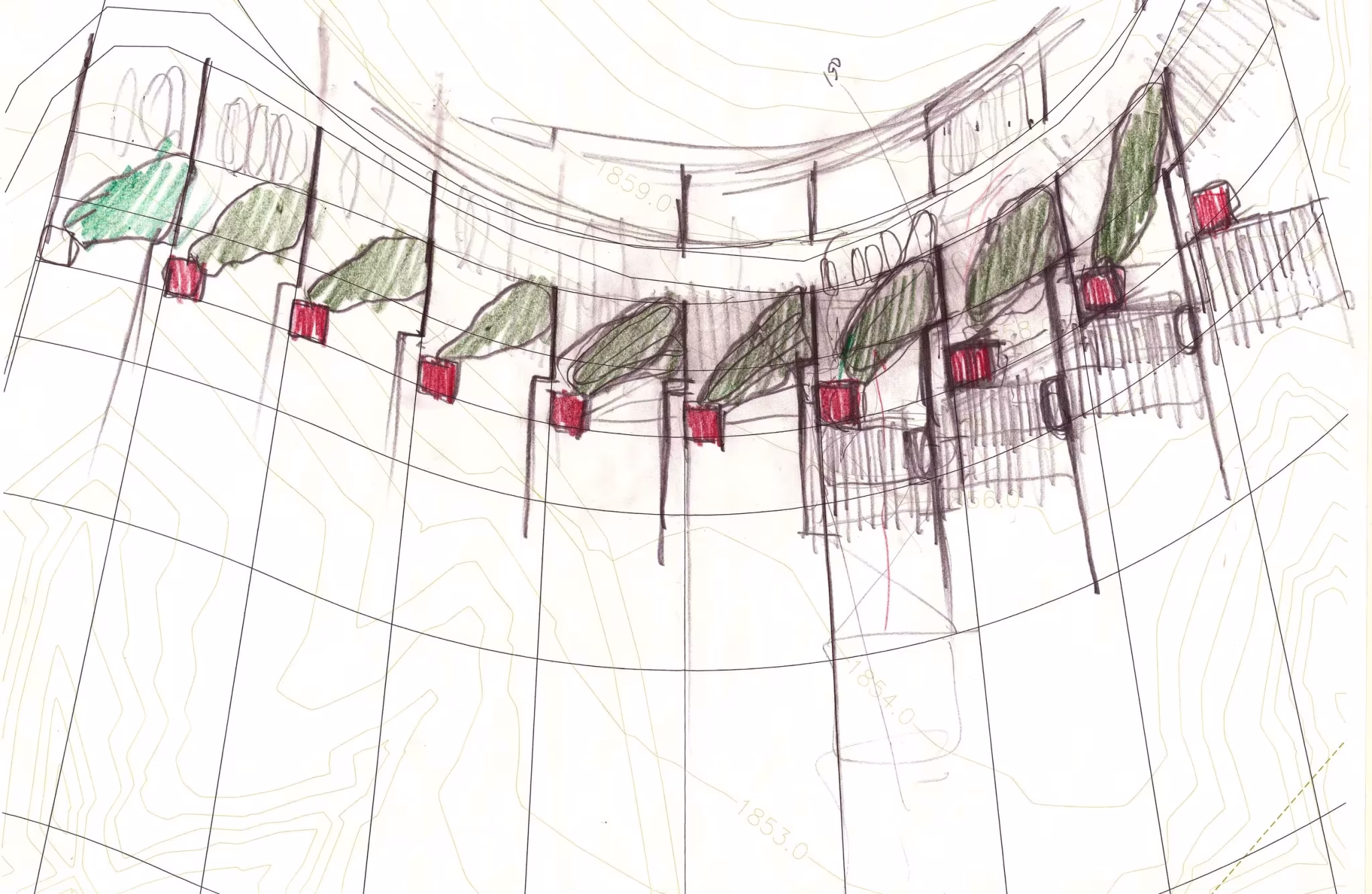 Croquis en planta de las seis viviendas de Barranca Valle dispuestas en arco sobre las curvas de nivel del terreno