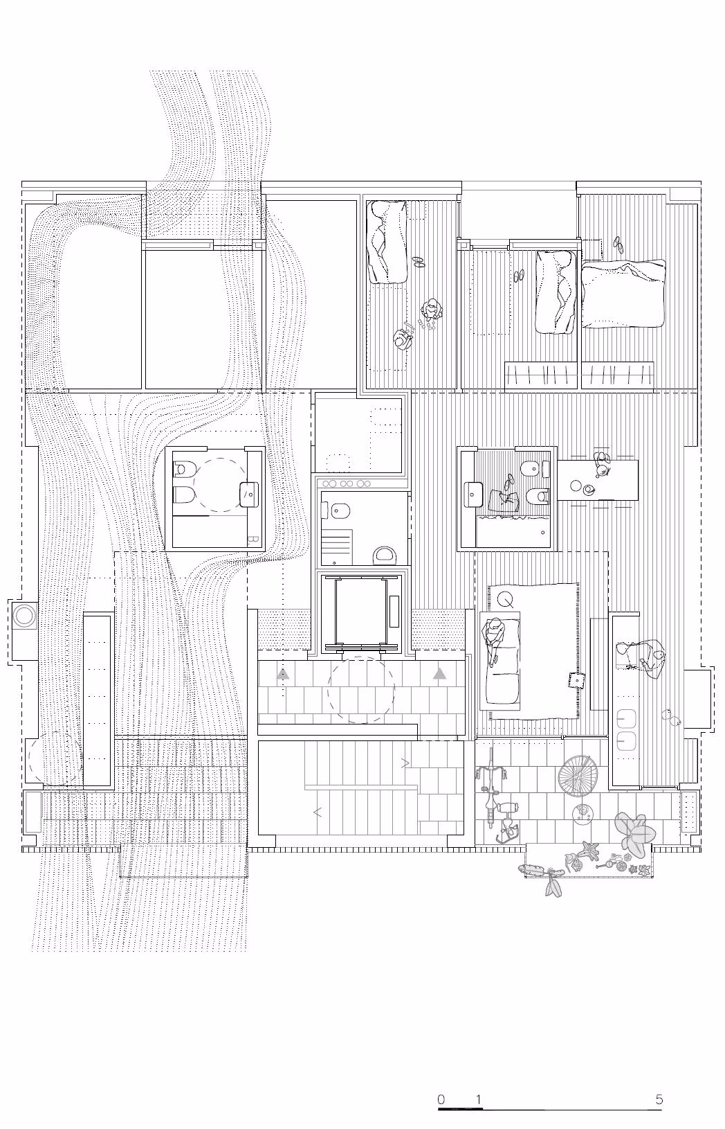 Planta amueblada de una vivienda del bloque de Bon Pastor, de Peris+Toral Arquitectes y Jaime Pastor
