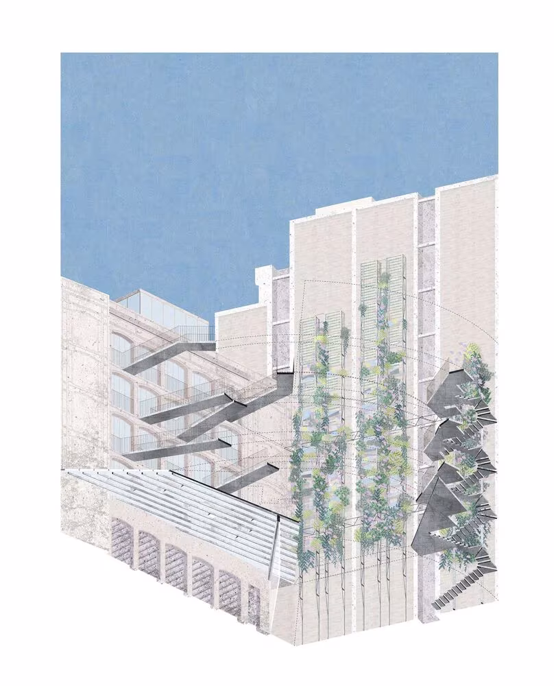 Dibujo en color de la fachada al patio de La Carbonería con pasarelas y vegetación trepadora