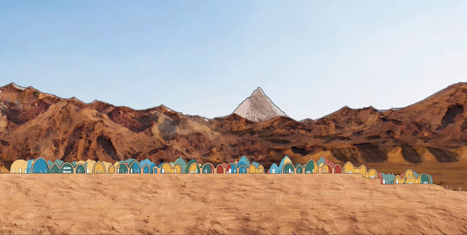 Poblado de cúpulas de colores en la llanura ante una cordillera de tonos rojizos, de ZAV Architects