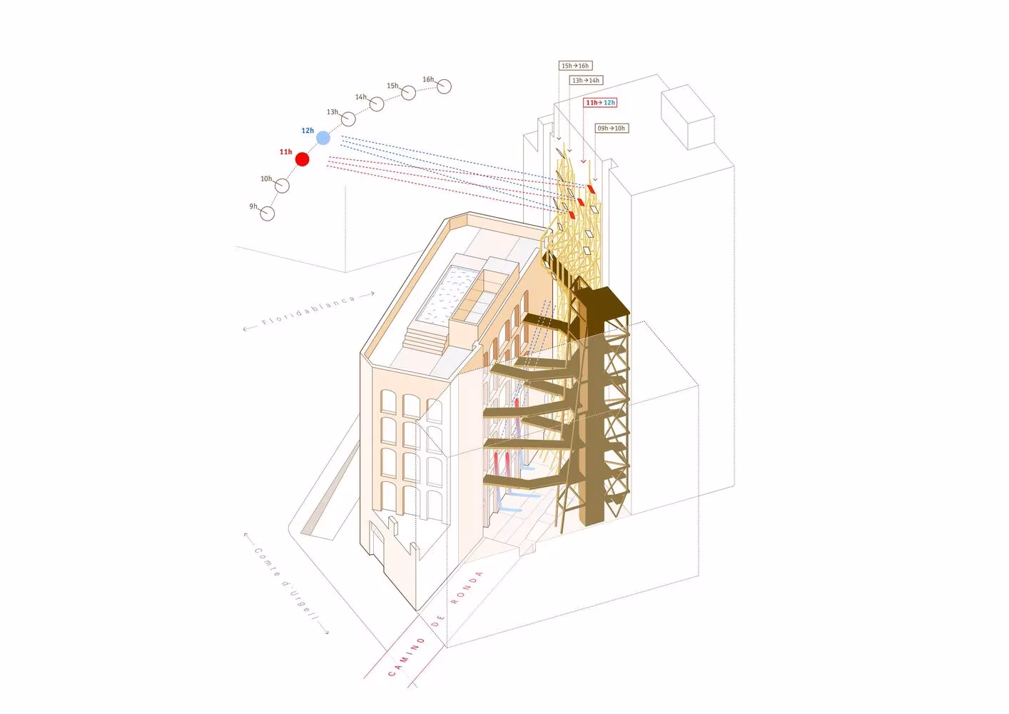 Axonometría de La Carbonería con la nueva estructura de madera dentro del edificio, Office for Strategic Spaces