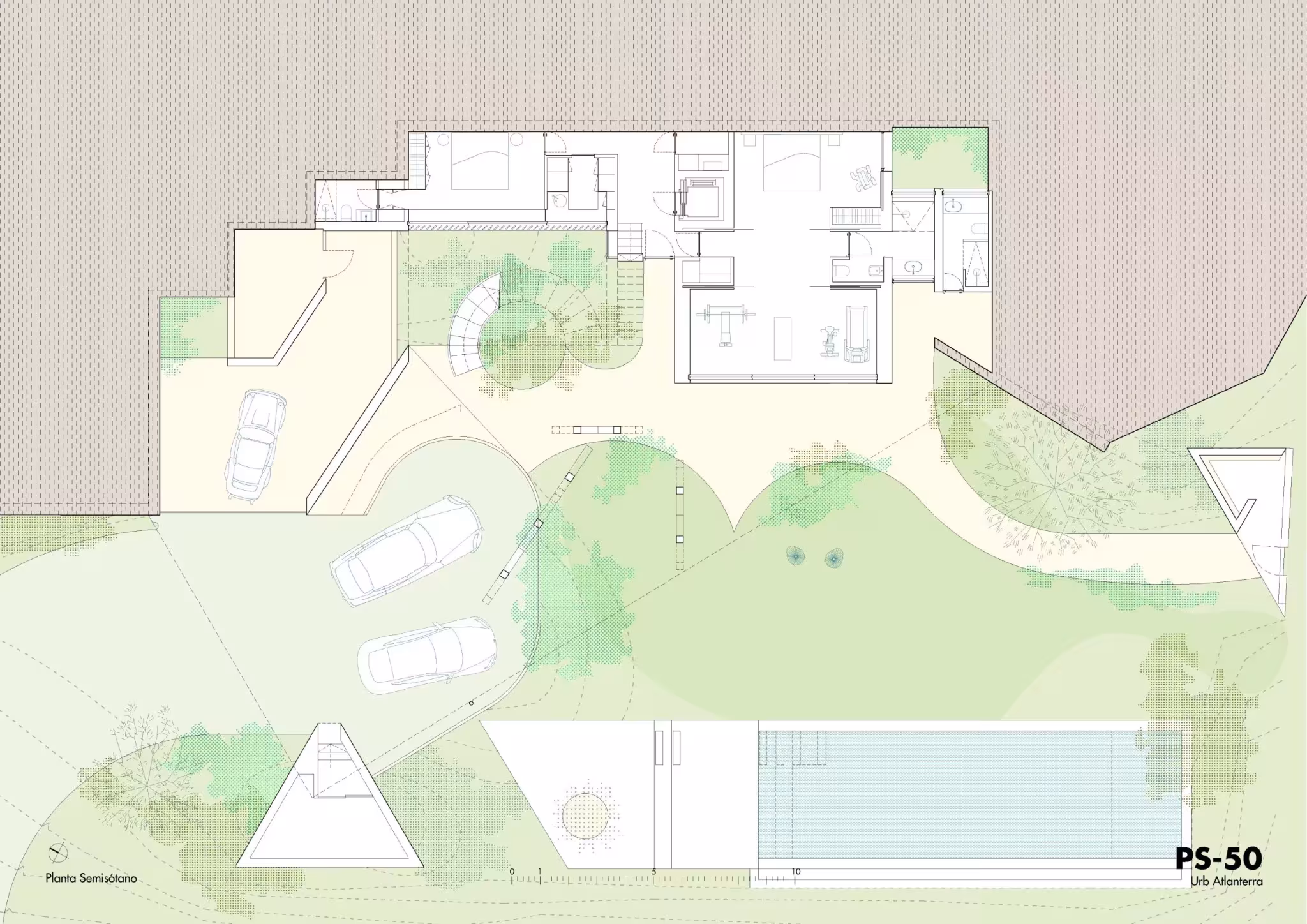 Planta de acceso del refugio de Langarita Navarro con aparcamiento, patio y piscina