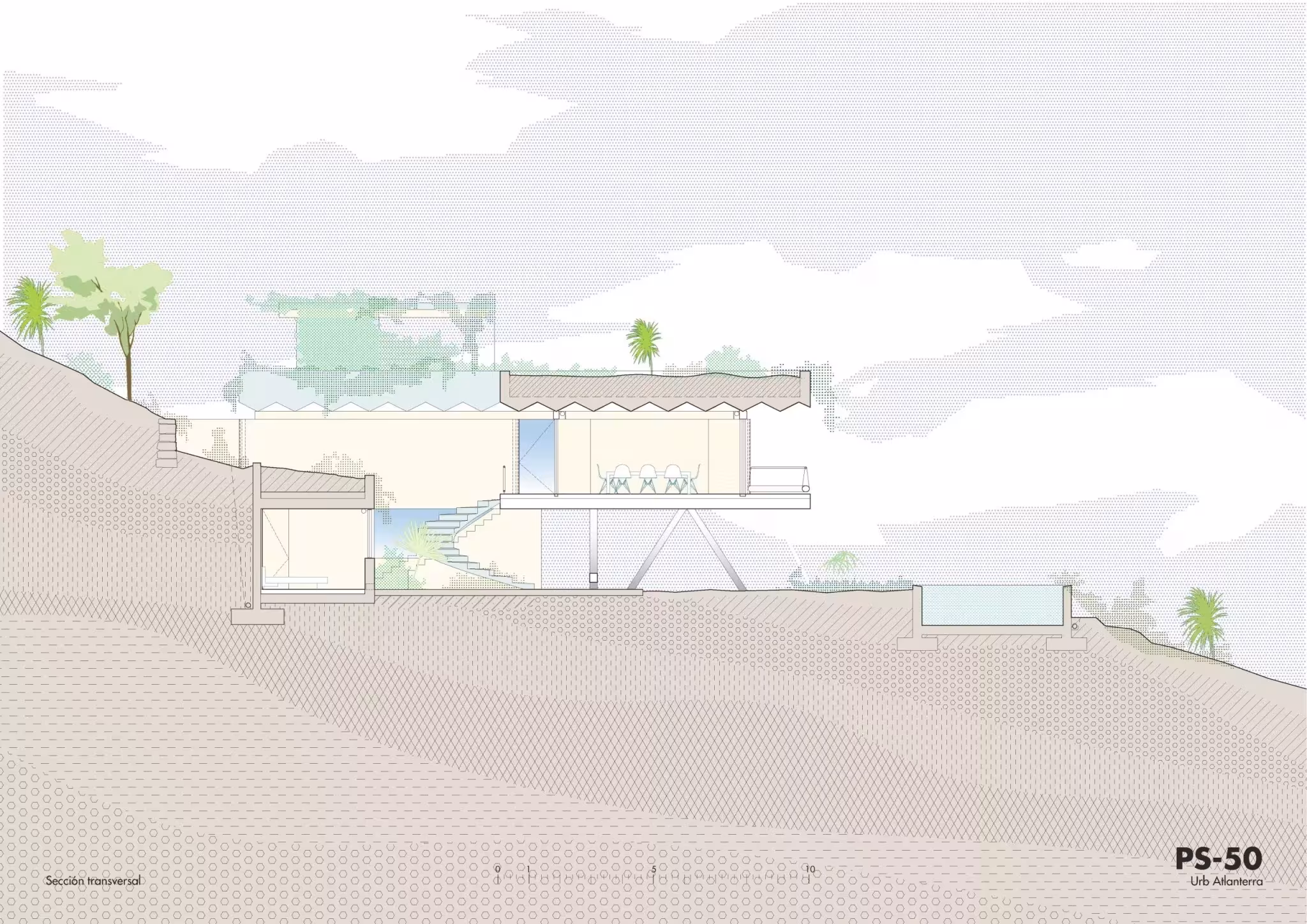 Sección transversal del refugio de Langarita Navarro escalonado sobre la ladera