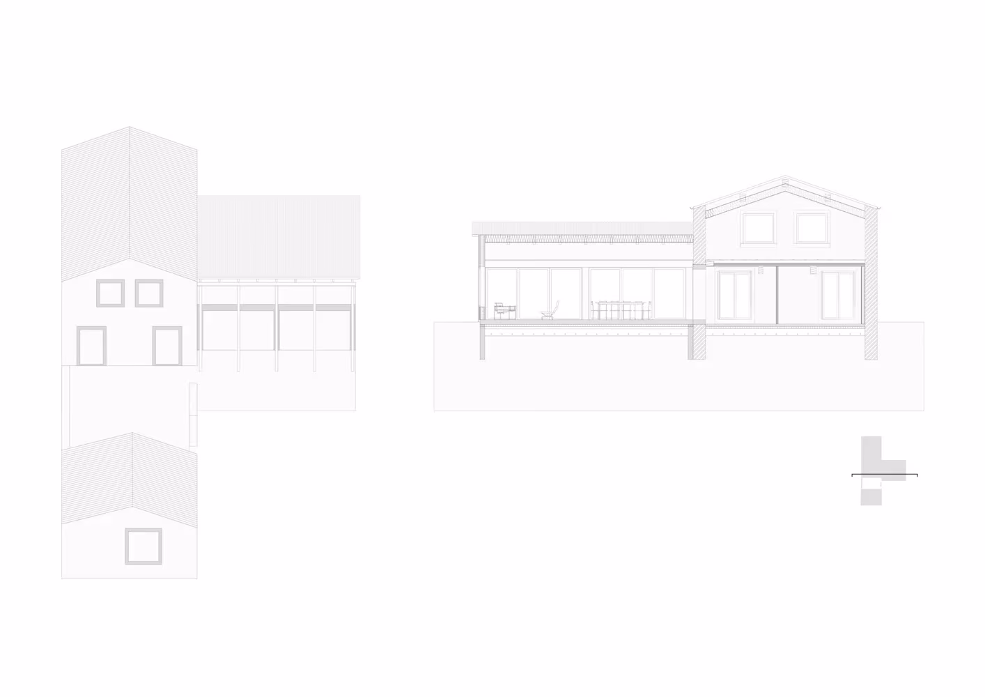 Alzado y sección del granero reconvertido en casa de vacaciones por Martin Migeon Architecture