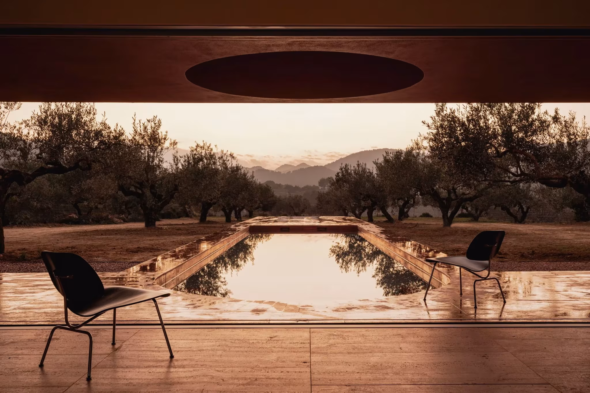 Piscina alargada entre olivos vista desde la Casa en los Olivos, con dos sillas negras al atardecer