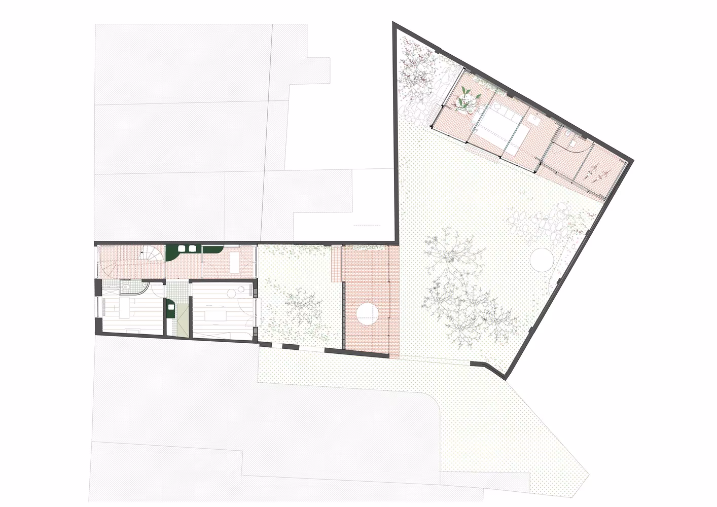 Planta de Martelaar House con la vivienda y el pabellón en torno al patio de forma irregular