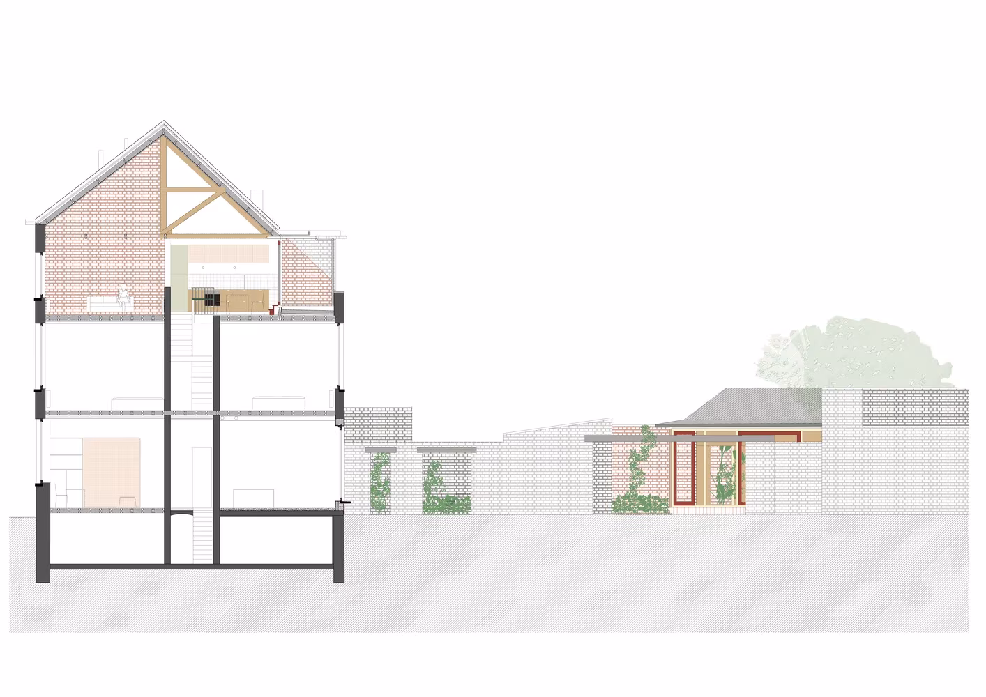 Sección de la vivienda de Martelaar House con la estructura de madera de la cubierta y el patio