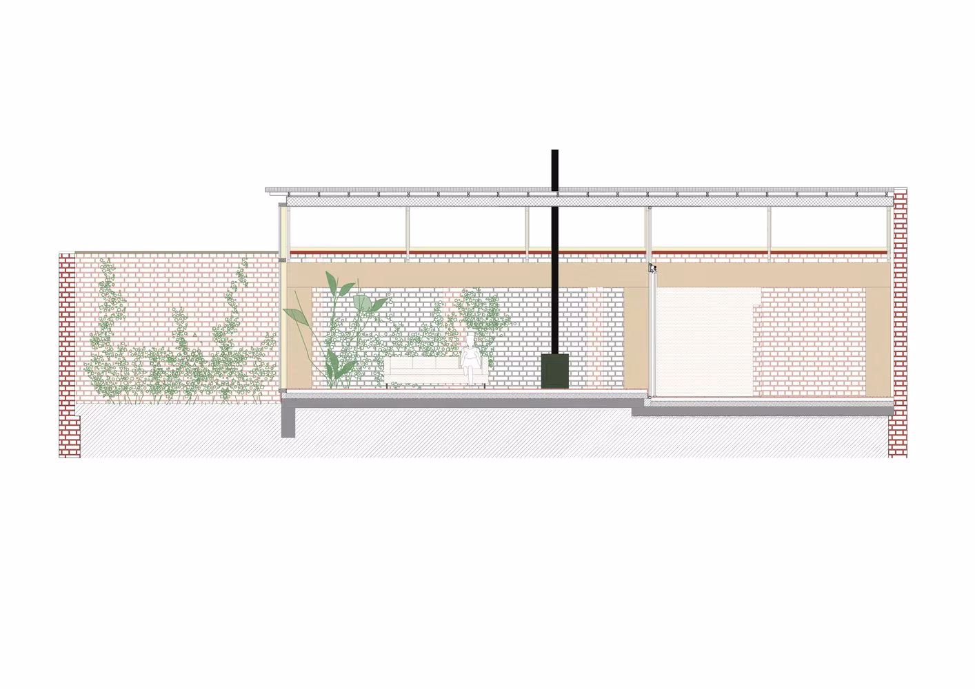 Sección del pabellón de jardín de Martelaar House con su cubierta ligera y el muro de ladrillo
