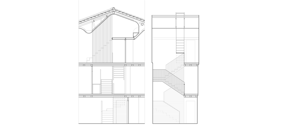 Sección de Casa do Medio por la escalera y la cubierta a dos aguas