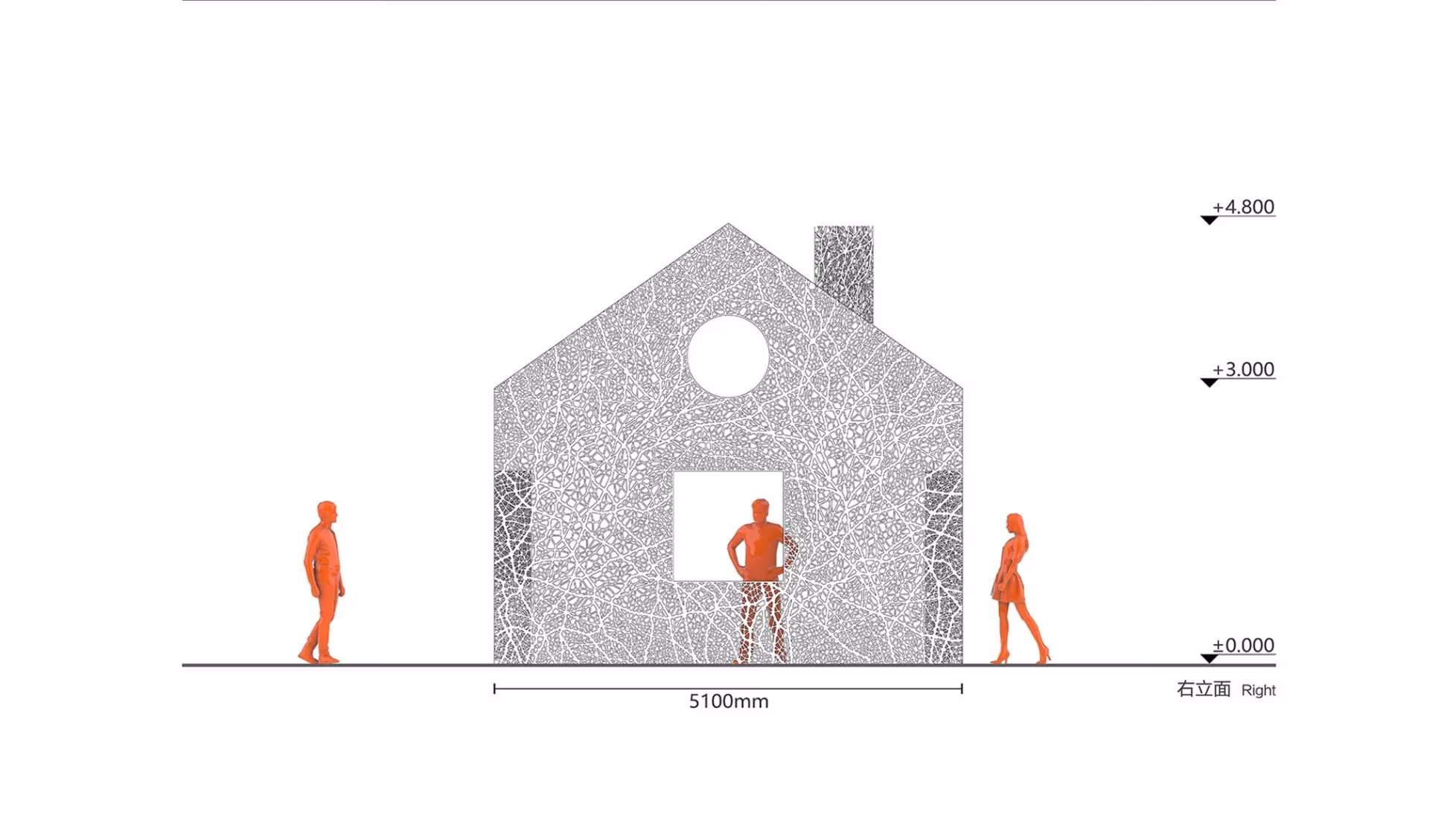 Alzado de The Vanished House con la silueta de casa calada en malla y tres figuras para dar escala