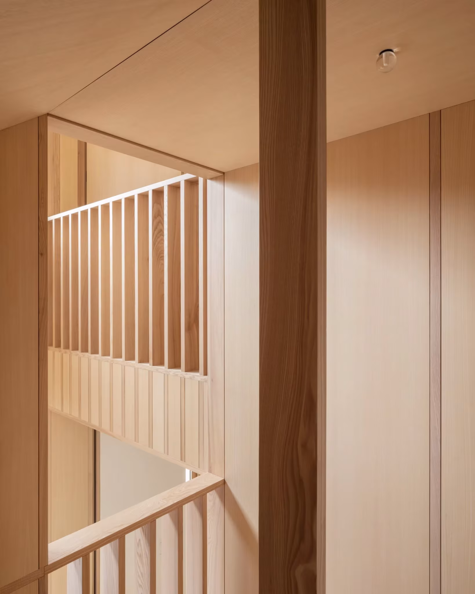 Hueco de escalera con barandilla de listones verticales y pilar de madera en el interior de Fohlenweg