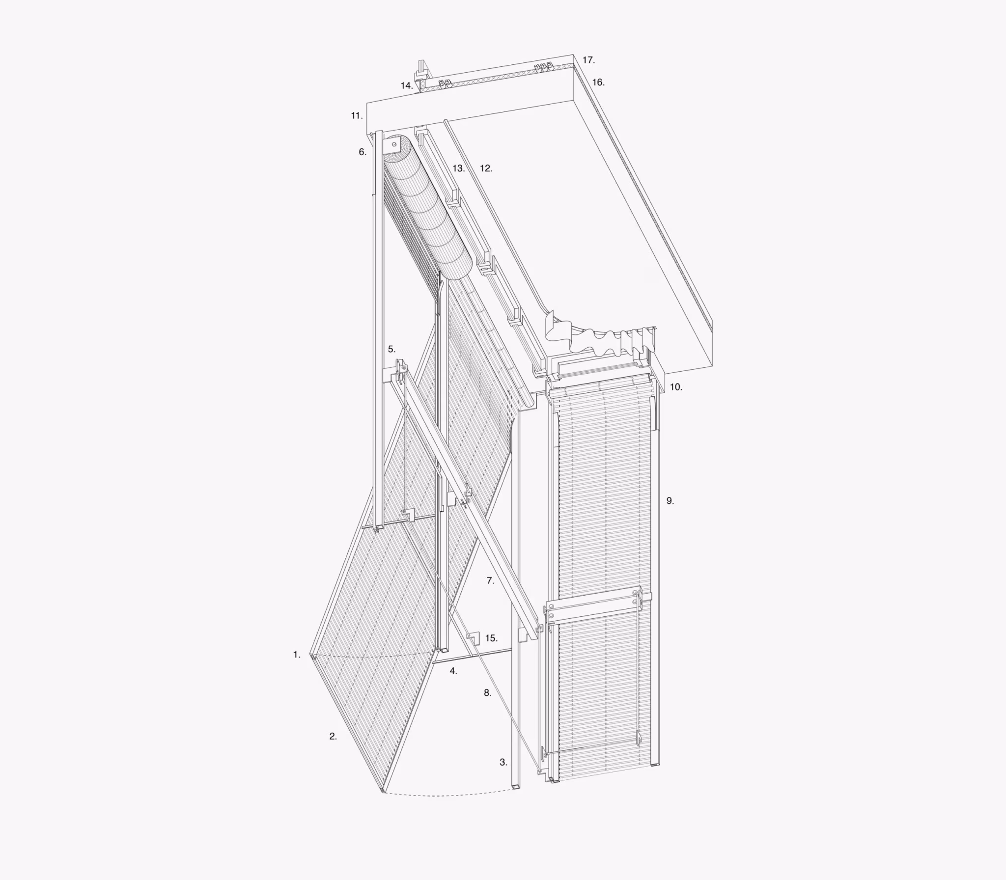 Axonometría constructiva del cerramiento de la galería de Sardenya 356 con sus lamas abatibles de madera