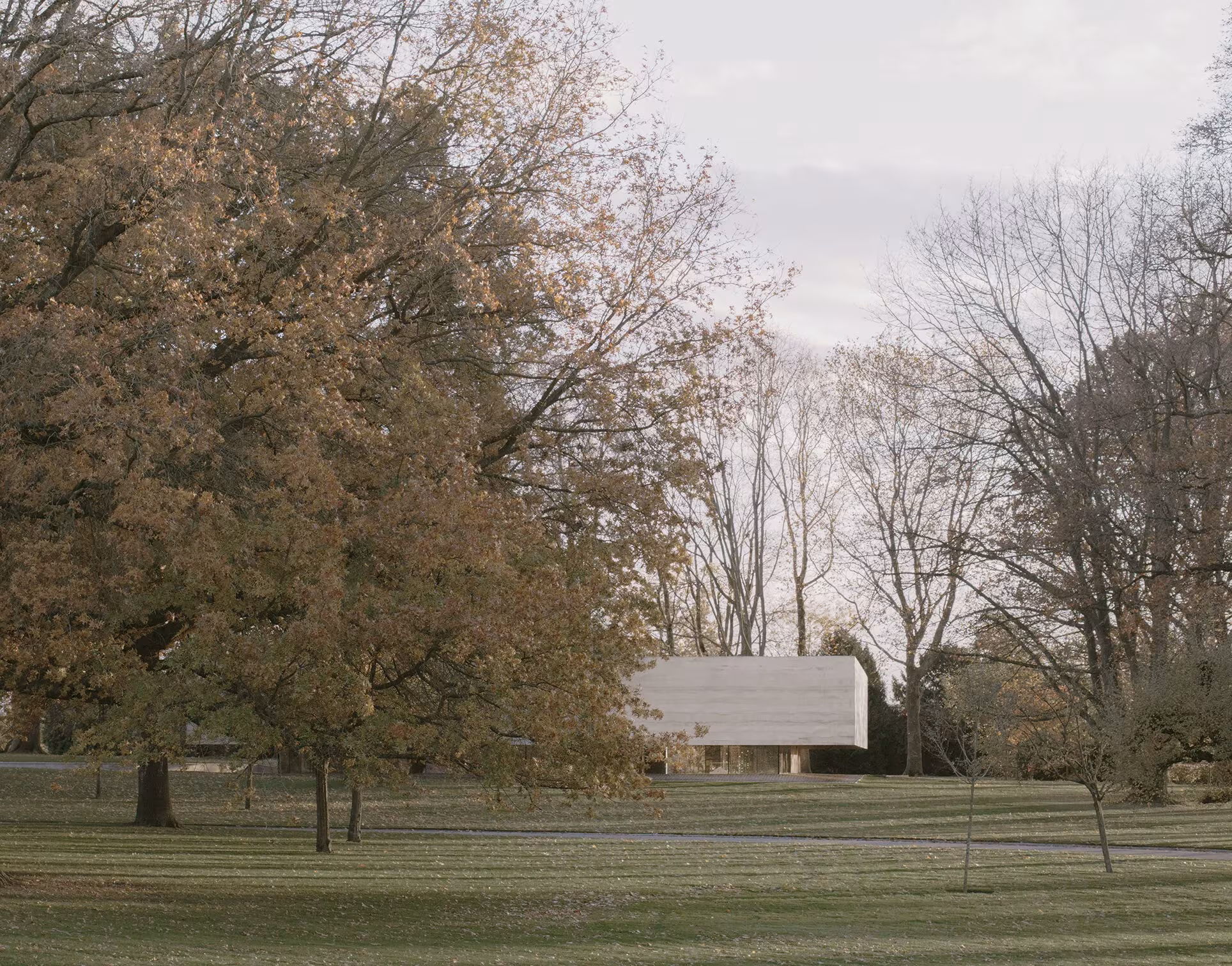 Volumen bajo y claro del Centro de Visitantes del Cementerio Americano de KAAN Architecten entre árboles otoñales
