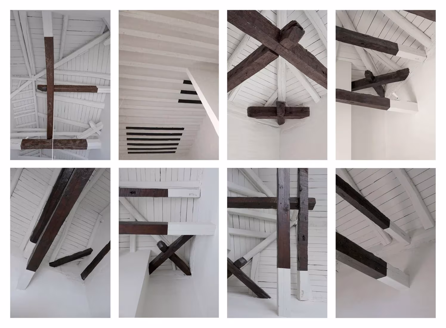 Composición de ocho detalles de las vigas de madera oscura y el techo pintado de blanco en la Casa de la Sevillana