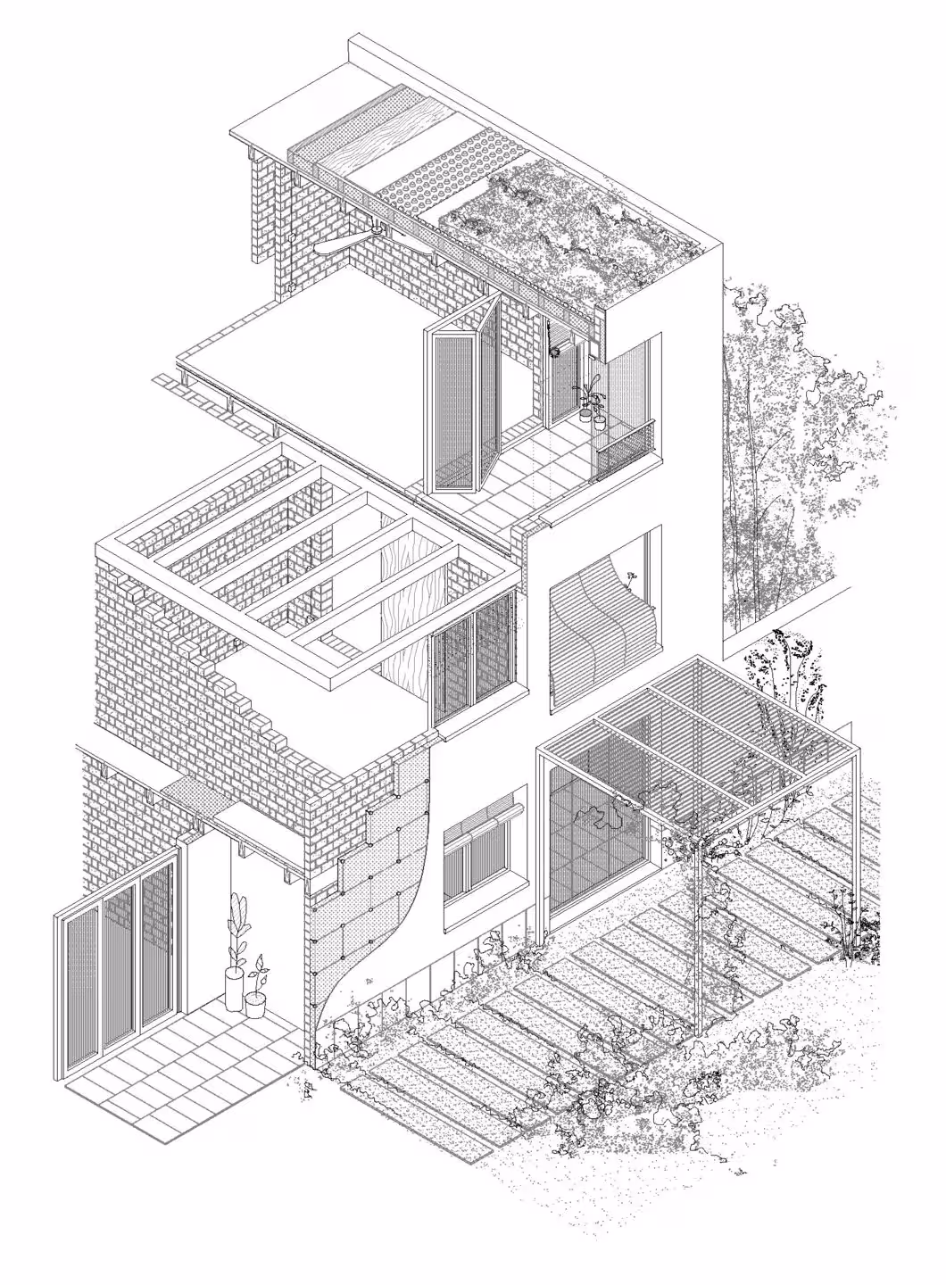Axonometría de una vivienda del conjunto de Ibiza con la pérgola, las terrazas y las celosías