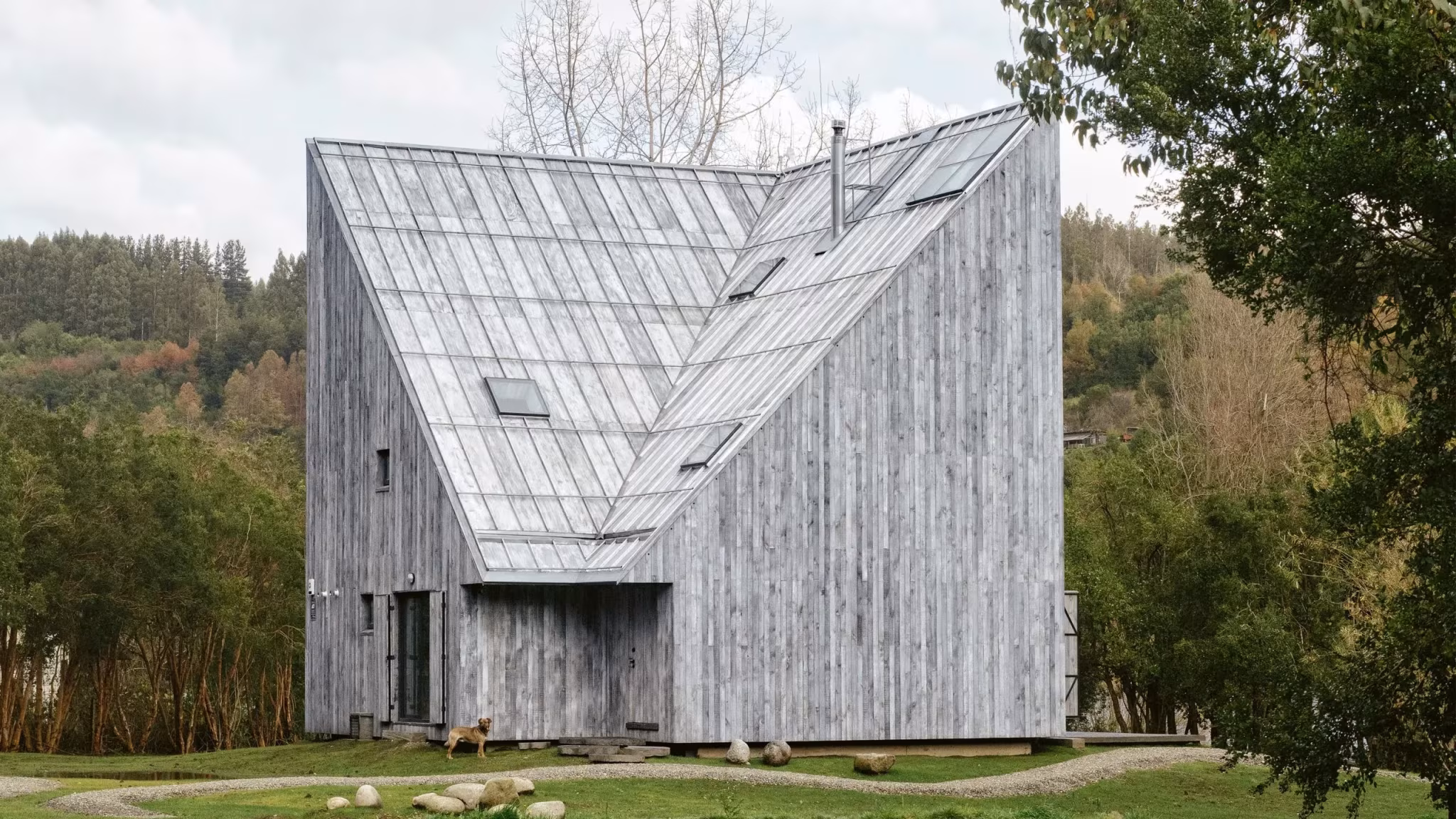 Humo House, casa de madera gris envejecida con cubierta de vidrio inclinada en un claro del bosque