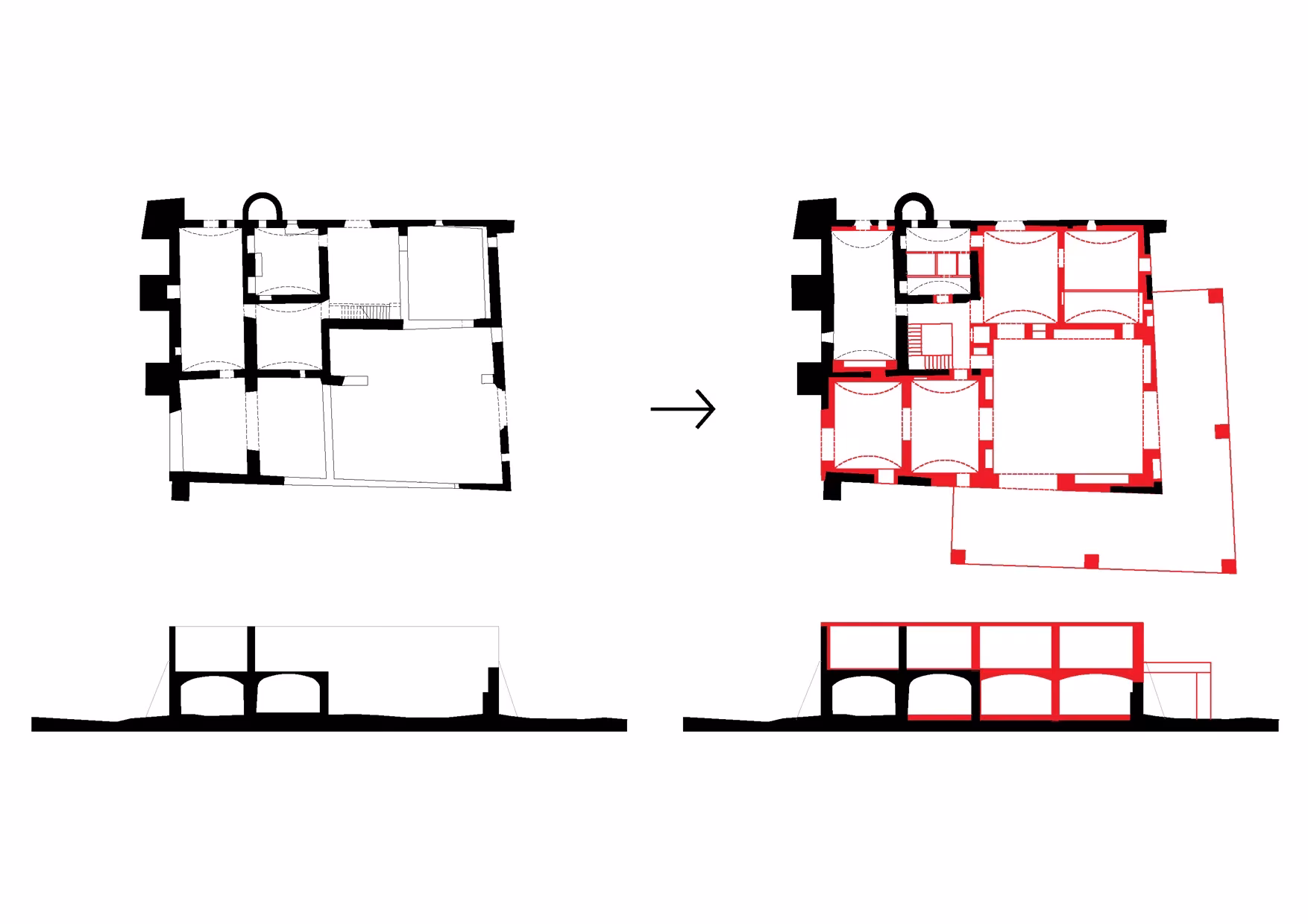 Esquema de planta y sección de la Casa 1627 que marca en rojo lo añadido a la masía de 1627