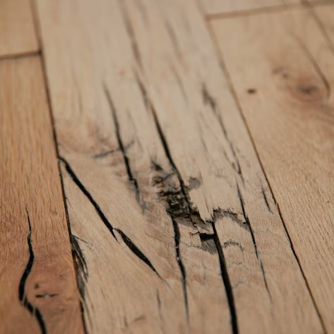Close-up of aged oak flooring with cracks and knots, San Mateo refurbishment by Ábaton, Madrid