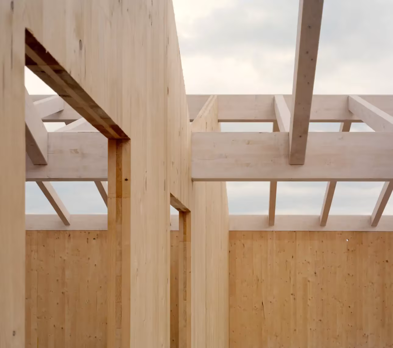 ÁBATON CLT wood structure with columns, beams, and openings to the sky during construction