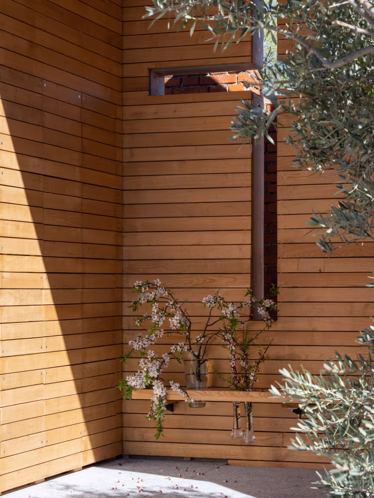ABATON-Panteon-08 Timber interior of El Panteón with a vertical slit, olive branches and flowers on a ledge