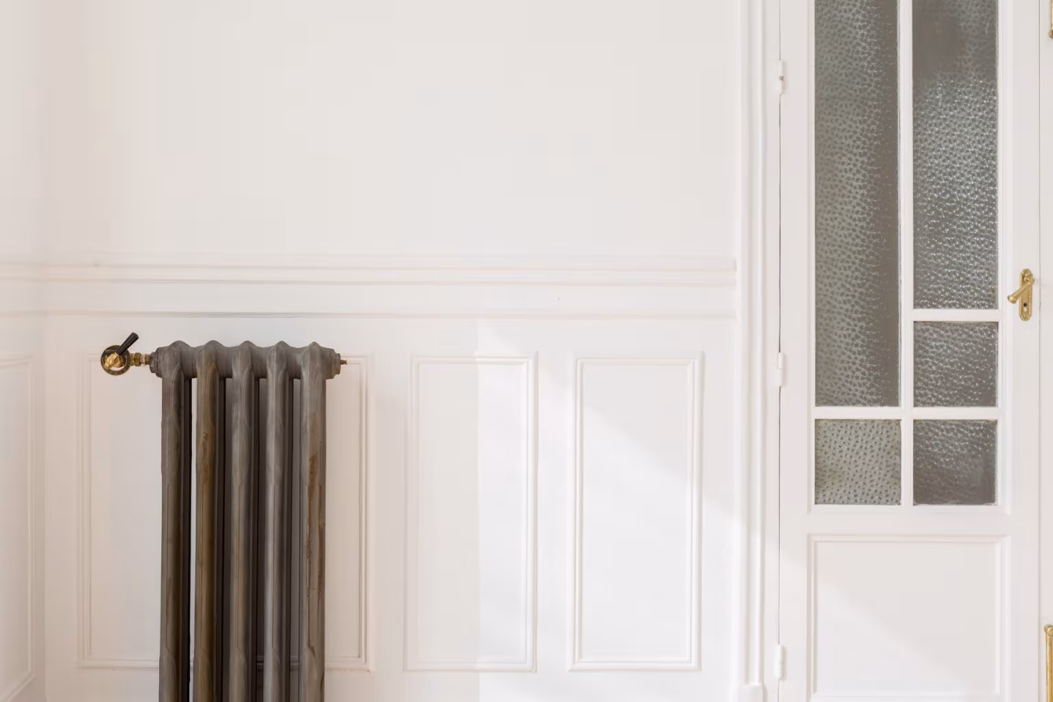 Cast-iron radiator beneath a panelled dado beside a glazed door in Sagasta II